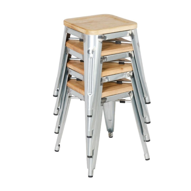 Galvanised Steel Bistro Low Stools with Wooden Seat Pad- Bolero GM634