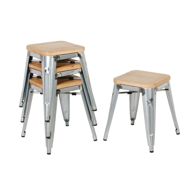 Galvanised Steel Bistro Low Stools with Wooden Seat Pad- Bolero GM634