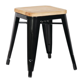 Low Metal Bar Stools with Wooden Seat Pad Black- Bolero GM635