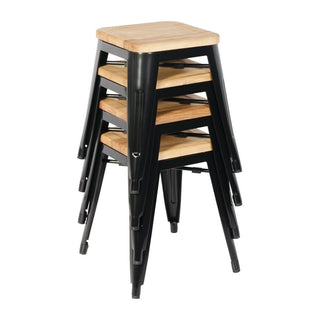 Low Metal Bar Stools with Wooden Seat Pad Black- Bolero GM635