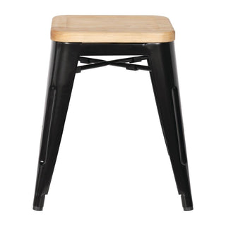 Low Metal Bar Stools with Wooden Seat Pad Black- Bolero GM635