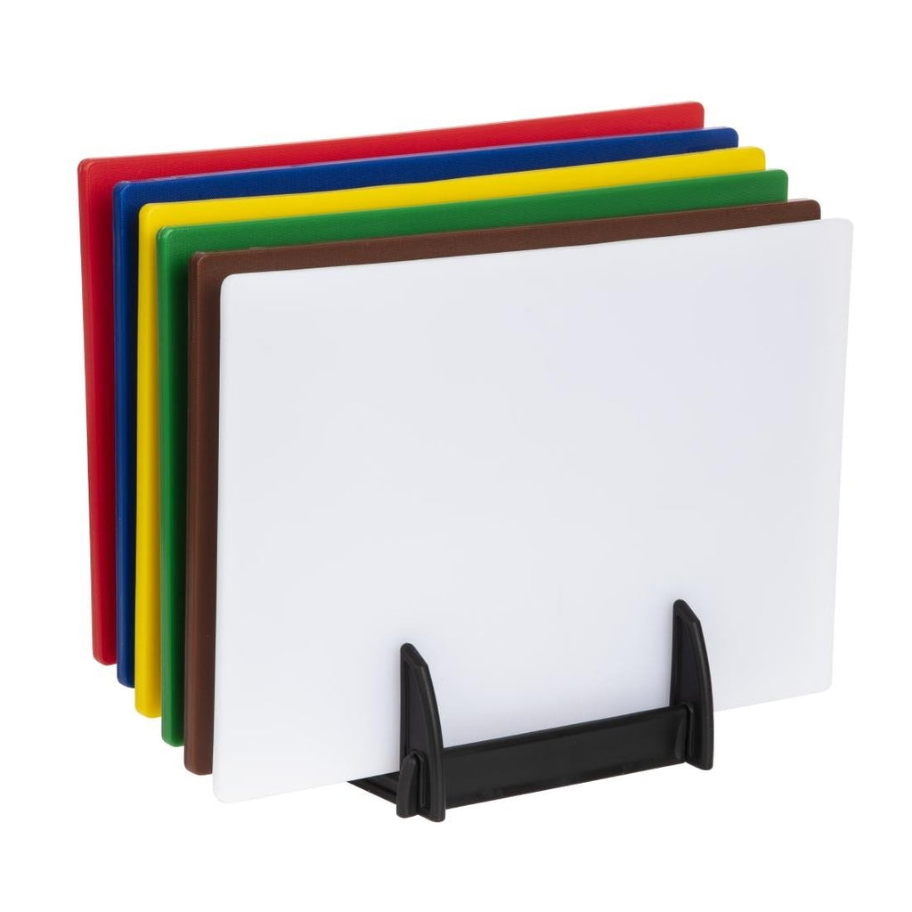 Standard Low Density Set of 6 Chopping Boards with Rack - 10x300x450mm- Hygiplas FY329