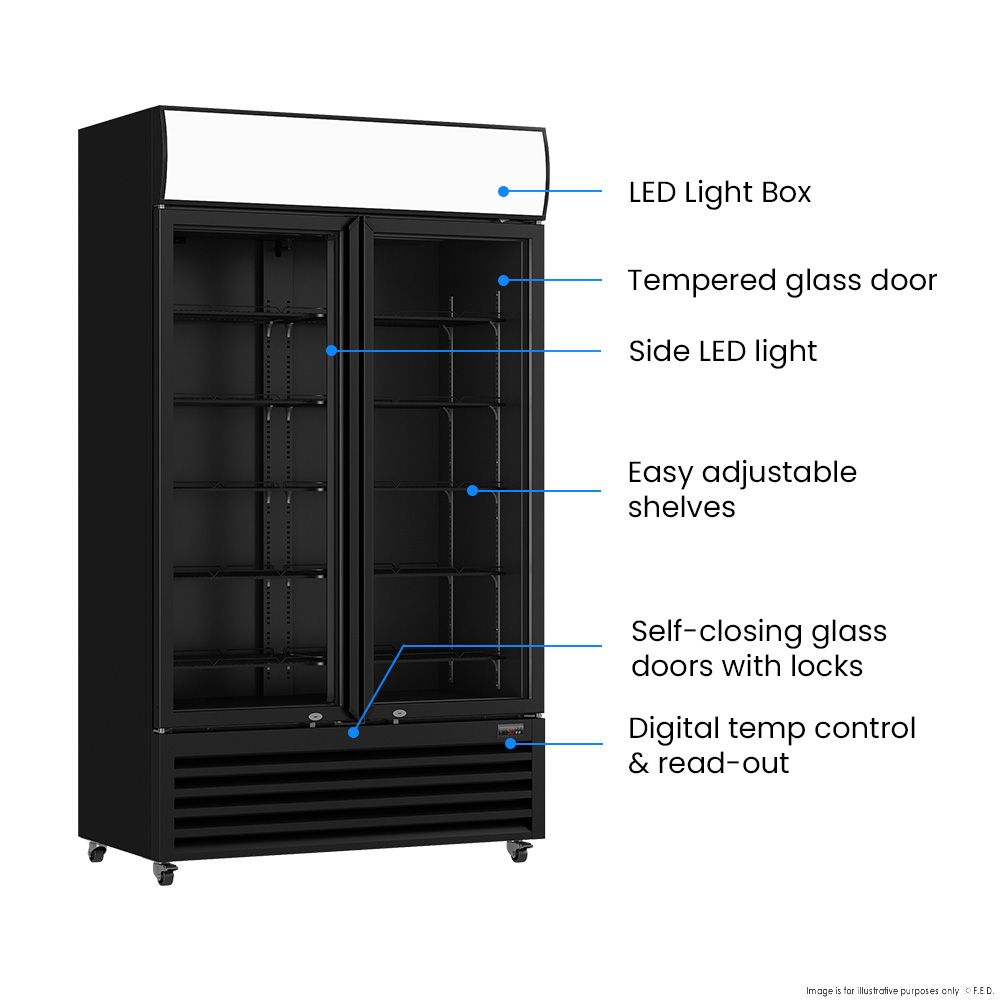 Thermaster 1000L Two Glass Door Colourbond Upright Drink Fridge Black LG-1000BP