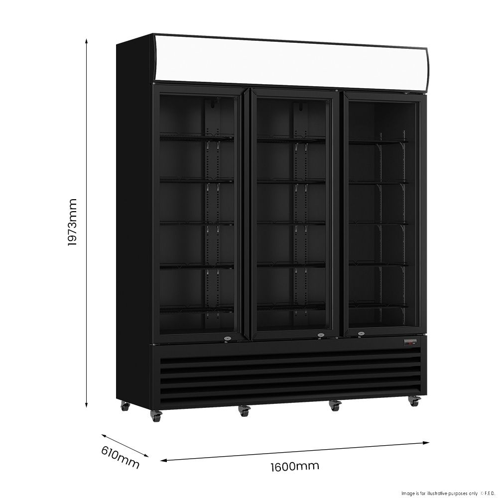Thermaster 1200L 3 Glass Door Colourbond Upright Drink Fridge Black LG-1203BP
