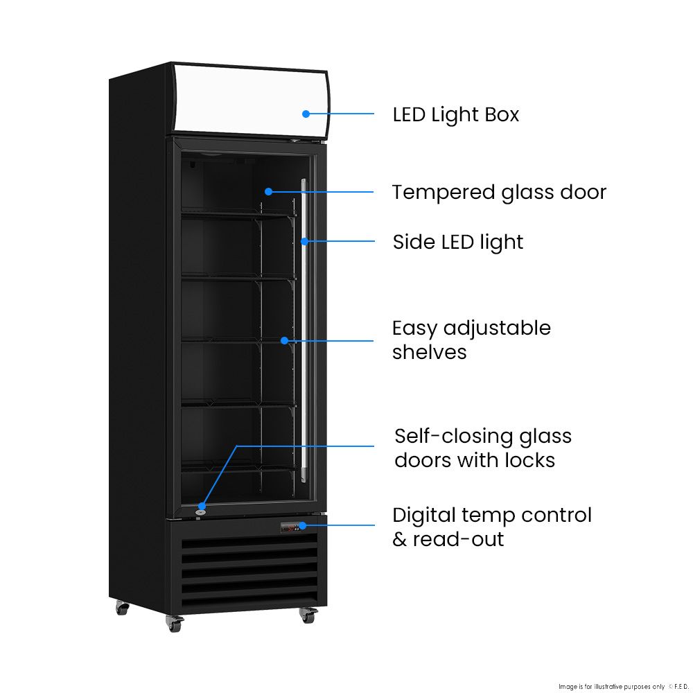 Thermaster 540L Single Glass Door Black Colourbond Upright Drink Fridge LG-540BP