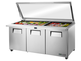 TRUE 3 Mega-Top Solid Door Sandwich/Salad Fridge with Flat Glass Lid - TSSU-72-30M-B-ST-FGLID-HC