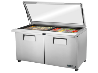 TRUE 2 Mega-Top Solid Door Sandwich/Salad Fridge with Flat Glass Lid - TSSU-60-24M-B-ST-FGLID-HC