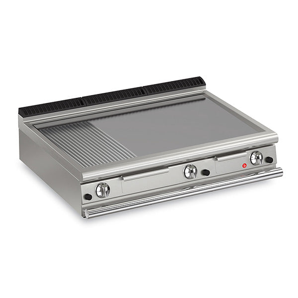 Baron 3 Burner Gas Fry Top With 2/3 Smooth 1/3 Ribbed Mild Steel Plate And Thermostat Control - 900Mm Depth