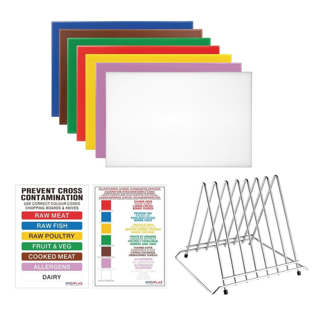 High Density Set of 7 Chopping Boards, Steel Rack & Wall Chart - 450x300x12mm- Hygiplas FY990