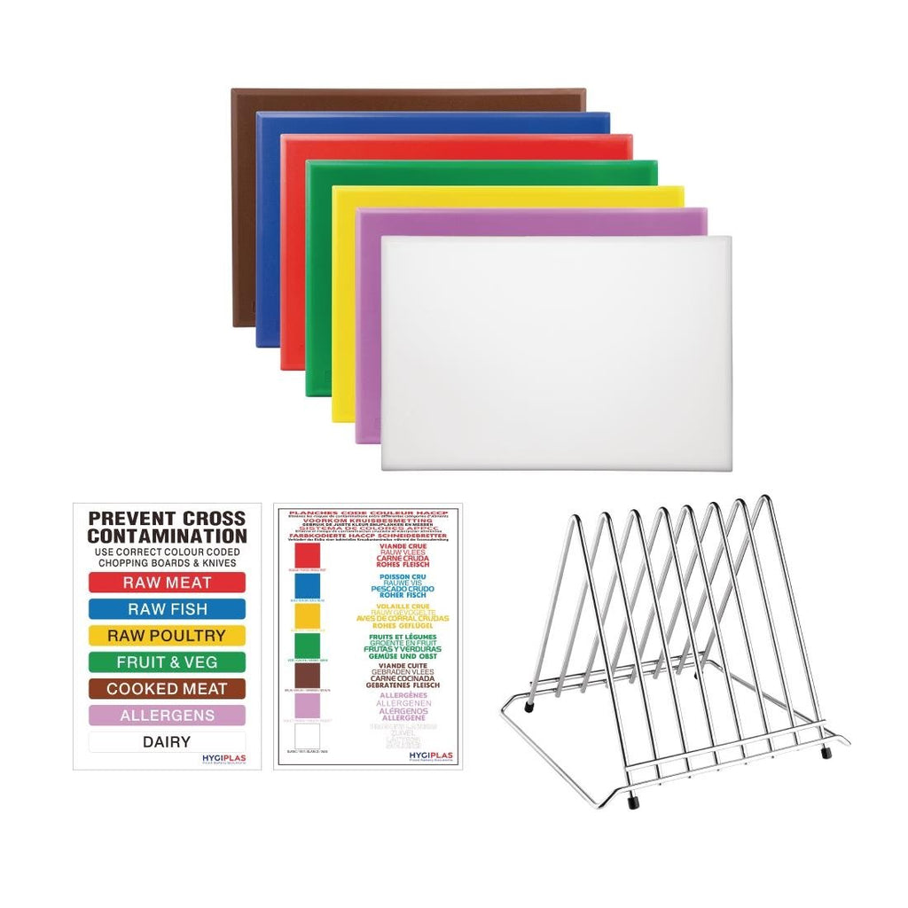 High Density Set of 7 Chopping Boards, Steel Rack & Wall Chart - 450x300x20mm- Hygiplas FY991