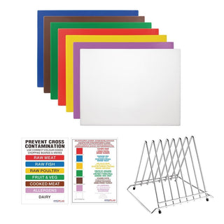 High Density Set of 7 Chopping Boards, Steel Rack & Wall Chart - 600x450x12mm- Hygiplas FY992