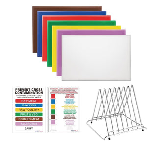 High Density Set of 7 Chopping Boards, Steel Rack & Wall Chart - 600x450x25mm- Hygiplas FY993