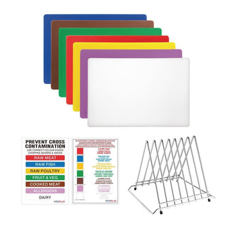 Low Density Set of 7 Chopping Boards, Steel Rack & Wall Chart - 300x450x20mm- Hygiplas FY994