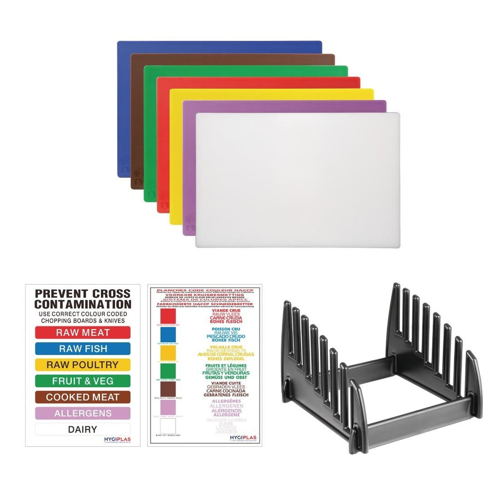 Low Density Set of 7 Chopping Boards, Steel Rack & Wall Chart - 300x450x10mm- Hygiplas FY995