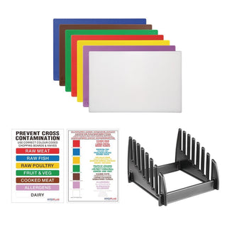 Low Density Set of 7 Chopping Boards, Steel Rack & Wall Chart - 300x450x10mm- Hygiplas FY995