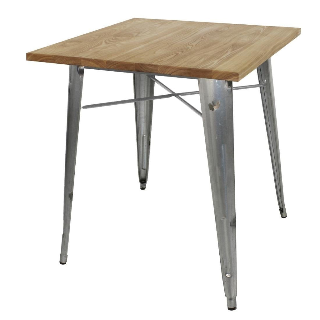 Galvanised Square Steel Bistro Table with Wooden Top 700mm- Bolero GM632