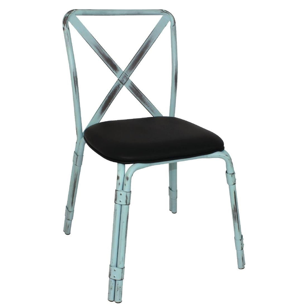 Antique Sky Blue Steel Chairs with Black PU Seat (Pack of 4)- Bolero GM649